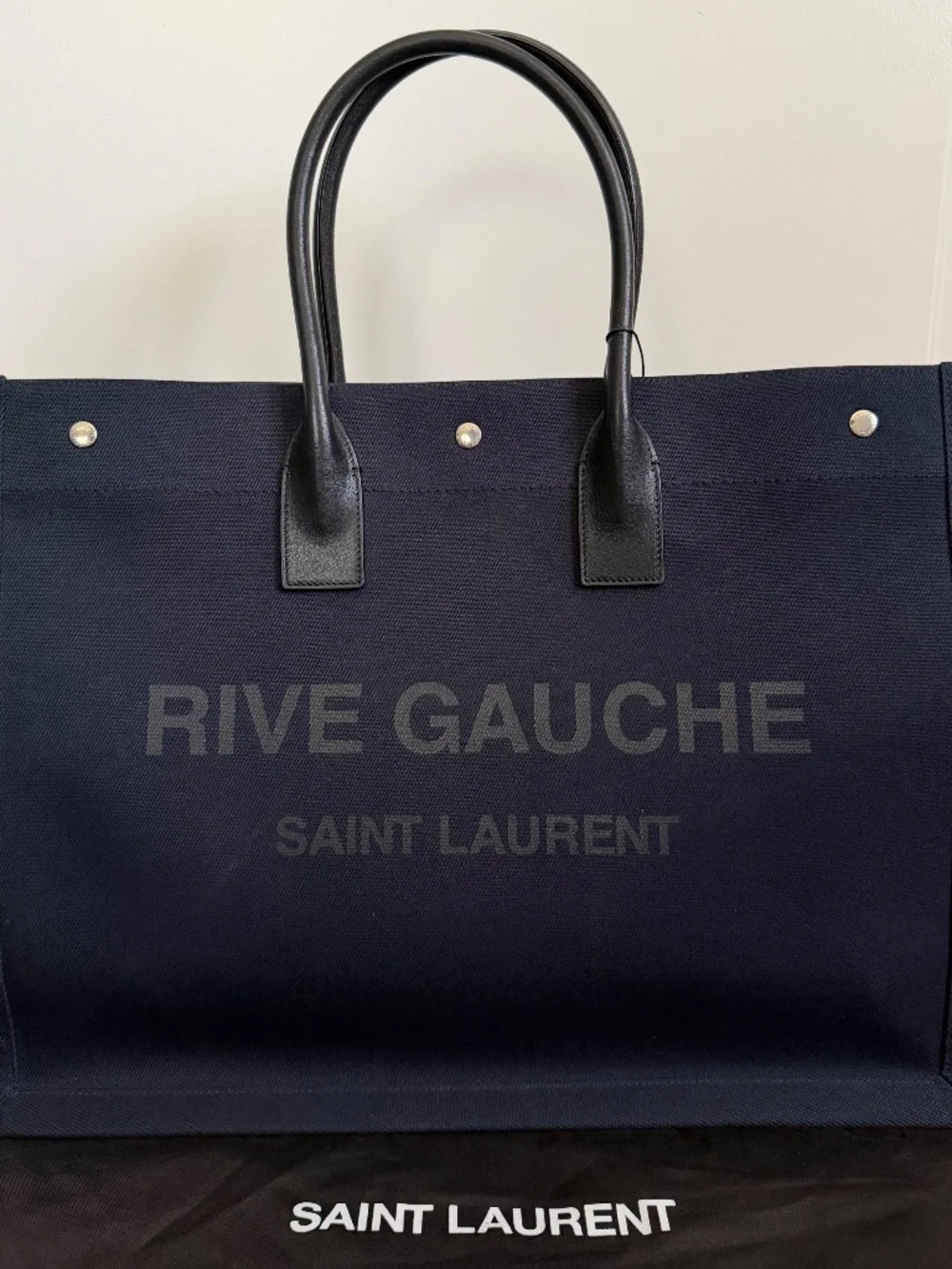 Saint Laurent YSL Rive Gauche Navy Black Canvas Logo Leather Tote Bag